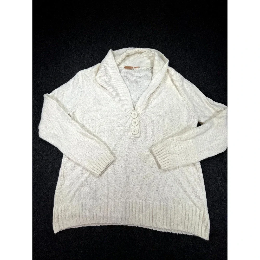 NorthCrest Classic Sweater Women XL Ivory Knit Shawl Collar Three Button Placket